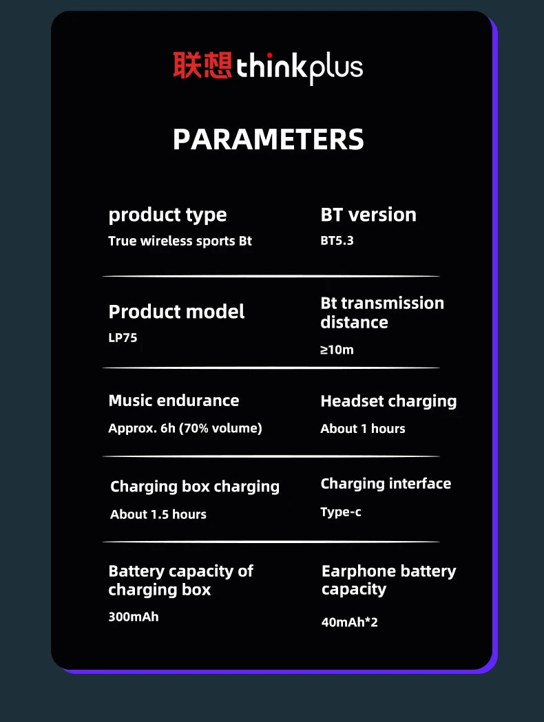Lenovo LP75 Ture Wireless Headphones TWS Bluetooth 5.3 Noise Reduction Sports Ear Hook HiFi Stereo Waterproof Gaming Earphones